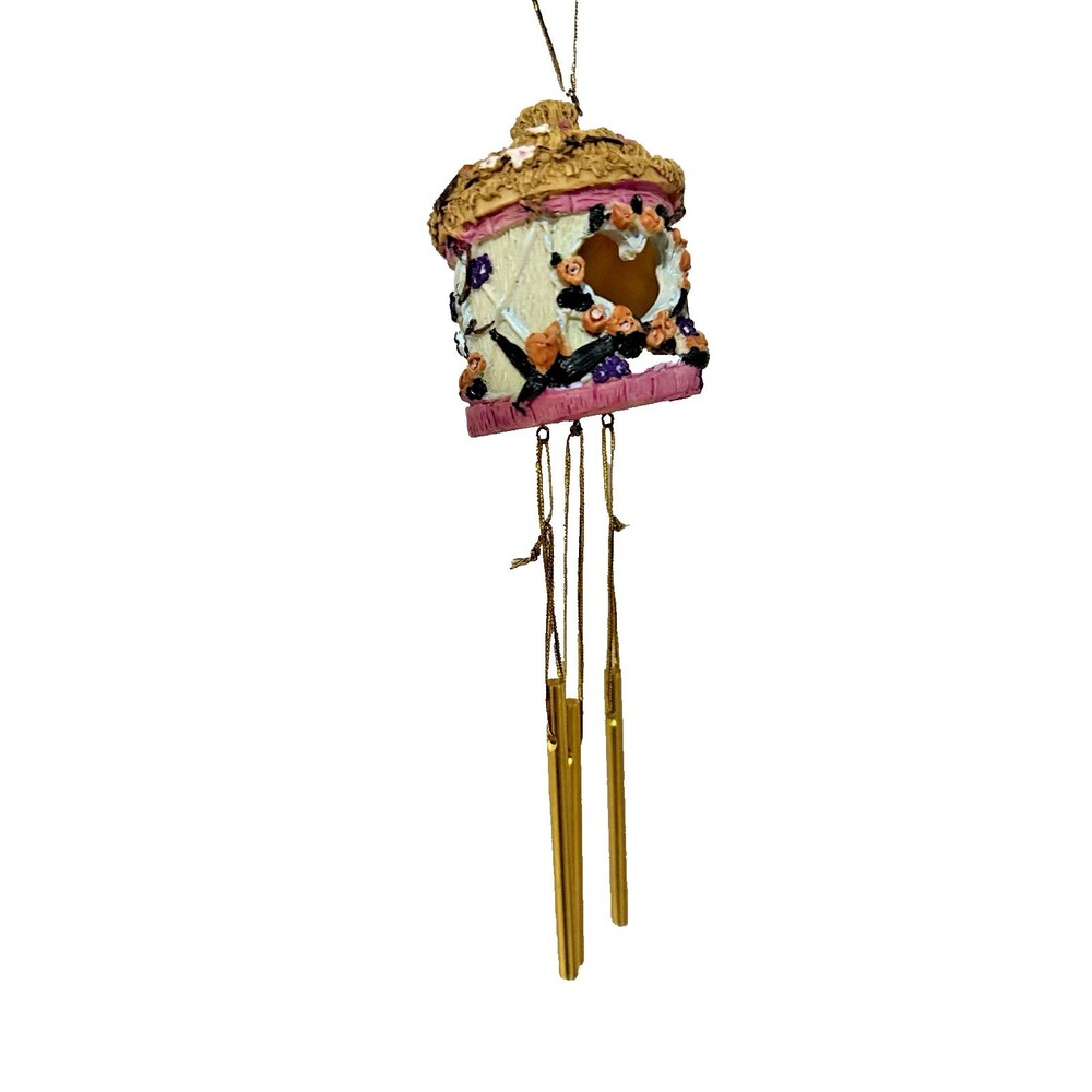 Vintage Bird House Windchime Ornament Christmas Chimes Resin Floral Heart